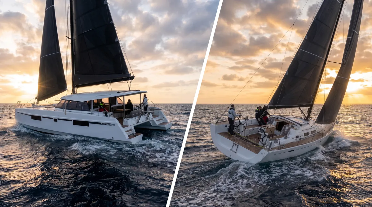 A catamaran and a sailboat under dark sails at sunset, each with its crew on deck