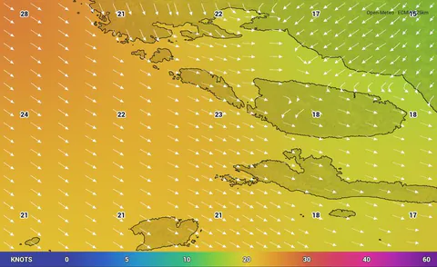 Wind forecast map for Thursday evening: 17 to 28 knots over the islands of central Dalmatia